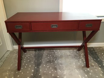 Handsome Ox Blood Campaign Style Desk / Console Table With Three Drawers - Very Nice Looking Piece - Wow !