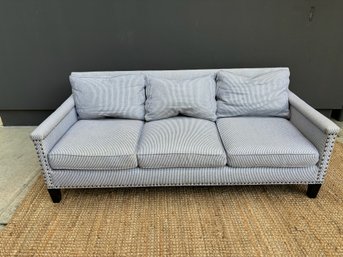 Universal Explorer Home Sofa Upholstered In A Stylish Ticking Stripe Fabric With Nailhead Trim Detail