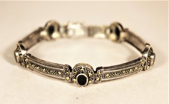 Sterling Silver Marcasite Black Onyx Link Bracelet