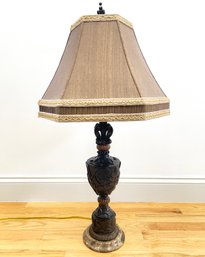 A Planation Style Table Lamp With Silk Shade On Marble Base