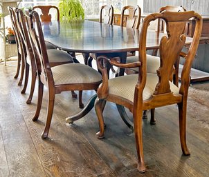 A Vintage Banded Mahogany Pedestal Base Dining Table And Chairs With Pads, Extra Extension, Possibly Baker