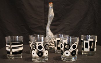 Six Black And White MCM Rocks Glasses And Black And White Sand Art Piece