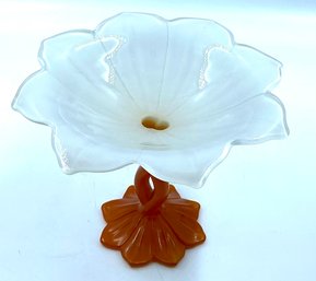 Whimsical Frosted Figural Floral Art Glass Compote W/ Sculptural Orange Base