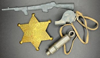 Vintage Toy & Collectible Law Enforcement Lot - Sheriff Badge - Whistle - Signal Police - Mini Lead Firearm