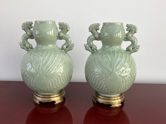 Pair Of Chinese Qianlong Style Double Gourd Celadon Porcelain Vases On Brass Stands