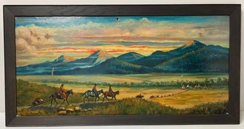 Antique Vintage Oil On Board Painting - Native American Indians On The Trail Home - The Old West 17 X 33.25
