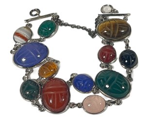 Large 14K White Gold Genuine Semiprecious Stones Scarab Bracelet1