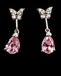 Gorgeous Sterling Silver And Pink Stone Butterfly Earrings