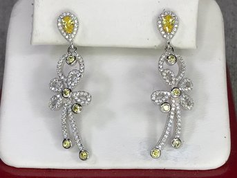 Wonderful Brand New Sterling Silver / 925 Tied Ribbon Earrings With Yellow Topaz And Sparkling White Zircons