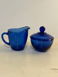 Vintage Anchor Hocking Cobalt Blue Glass Sugar And Creamer Set