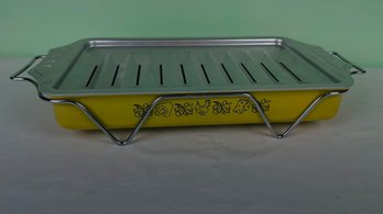 Mid-Century Yellow Enamel Broiler Serving Casserole Dish W/ Trivet Caddy