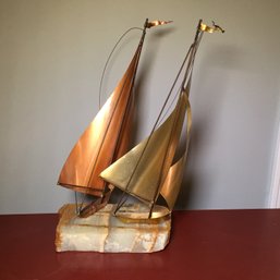 Fantastic MCM / Mid Century Modern De Mott Sculpture - Bronze / Onyx Sailboats - Fantastic Modern Piece !