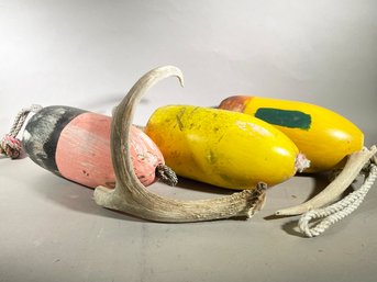 Vintage Fishing Buoys And Deer Horns