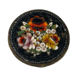 Antique Micro Mosaic Round Brooch W Flowers