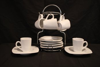 Set Of Six Imusa White Coffee Cups  And Saucers With Display Rack