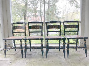 Set Of Four Hitchcock Stenciled Chairs With Rush Seats.