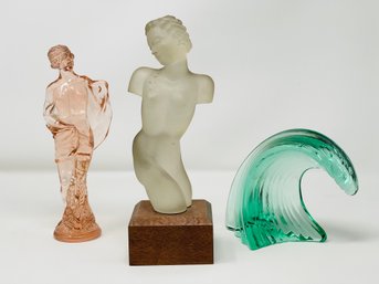 Art Glass Wave Sculpture, Pink Draped Lady Figurine And Frosted Glass Nude On Wooden Base