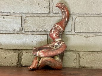 Vintage Mexican Red Clay Pottery Figure With Bowl, Signed