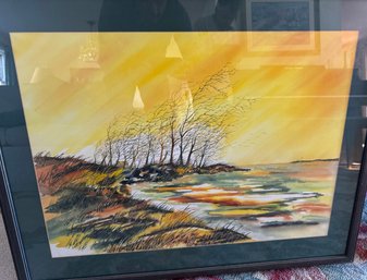 Autumn Lake-scene Watercolor Signed Lower Left