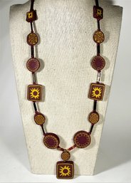 Vintage Hand Crafted Fimo Beaded Necklace Maroon With Sun Pendant