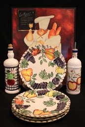 Four Royal Norfolk Fruits Dinner Plates, Pair Of Ceramic Oil & Vinegar Bottles And Baker Picture