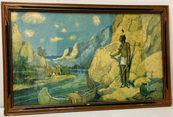 Vintage 1928 Indian Rendezvous Print - Borin Mfg Co Chicago - Yellow Blue - Ornate Frame 20.5 X 32.75