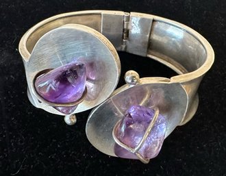 Striking/Modern Style Sterling Bracelet With Two Polished Amethyst Stones Wrapped In Wire - Made In Mexico