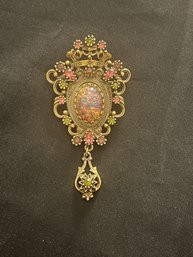 Vintage Coventry Contessa Brooch / Pendant W Rhinestones & Opaline Cabochon 3'