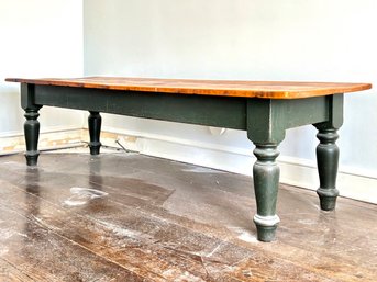 A Vintage Reclaimed Notched Pine Coffee Table With Turned And Painted Base