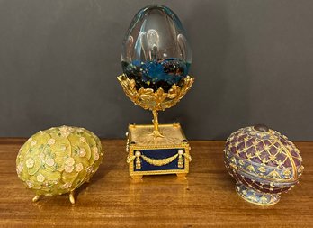 Two More Joan Rivers Collection Faberge Eggs And One Multicolored Glass Egg