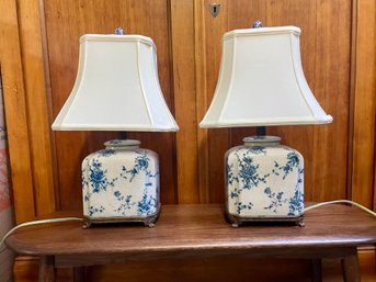 Pair Of Currey & Company Ceramic Blue Floral Table Lamps