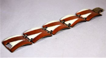 Vintage MCM Art Moderne Orange & White Enamel On Copper Signed Bracelet Marie E. Perrault