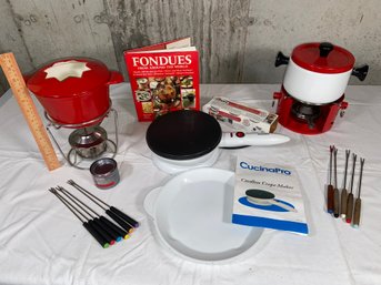 Cucinapro Crepe Maker And 2 Fondue Pots: Red Enamel Cast Iron And White Enamel Pots