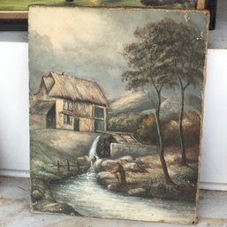 Charming Unframed Oil On Canvas Painting By T Nashmeyer - Barn / Waterwheel / Stream - Nice Antique Piece
