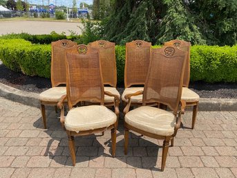 Set Of Six Vintage Cane Back Francher Dining Chairs With Carved Detail For Restoration.