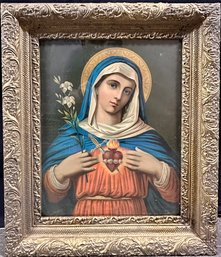 Antique Religious Colored Lithograph Of Mary