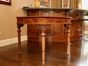 ABC Carpet Store Square Distressed Wood  Game Table With Art Nouveau Scroll Style Floral Relief