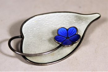 Large Scandinavian Blue White Enamel Leaf Brooch With Flower