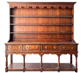 A Stunning Antique English Oak Welsh Dresser, Or Server With Hutch Top - Gorgeous With Colonial Brass Hardware