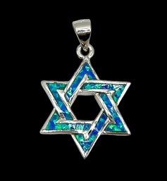 Vintage Sterling Silver Star Of David Blue Opal Pendant