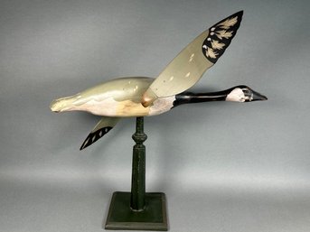 Large Signed Wooden Flying Goose Decoy On Stand