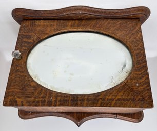 Antique Tiger Wood Barber Shop Wall Cabinet With Shelf & Mirror With Engraved Brass Hardware