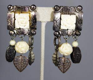 Signed 'kate Hines' Silver Tone And Carved Bone Designer Clip Earrings