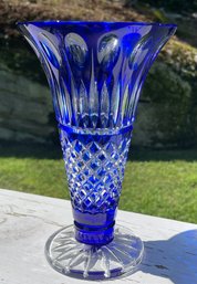 STUNNING Vtg 10' Signed CC- Cobalt Cut To Clear Cobalt Blue Thumbprint Diamond Design Trumpet Vase