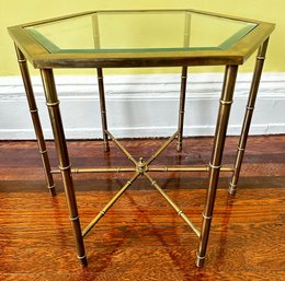 Vintage Brass Hexagon Side Table With Beveled Glass Top