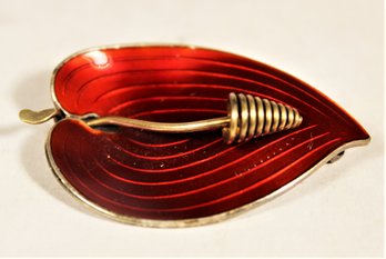 Gold Over Sterling Silver Red Enamel Leaf Form Brooch Scandinavian Signed