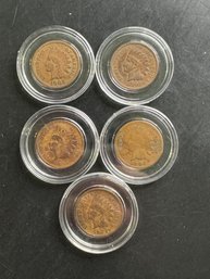 5 Indian Head Pennies 1903, 1906, 1907, 1908, 1909