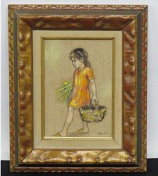 Karin Schaeffer's (German, B. 1942 - ) Painting Of Young Girl With Flowers & Basket
