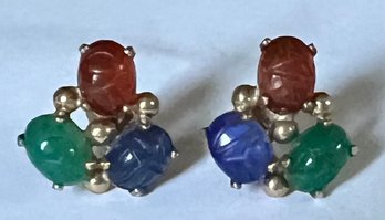 VINTAGE 14K GOLD MULTI GEMSTONE CARVED SCARAB EARRINGS