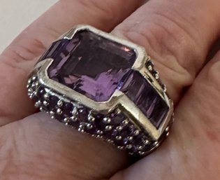 A Wow Factor, Sterling Amethyst Cocktail Ring With 3 Baguettes On Either Side Of  Large Center Stone